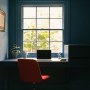 Victorian Terrace, Waterloo | Deep blue home office with bespoke valchromat desk | Interior Designers